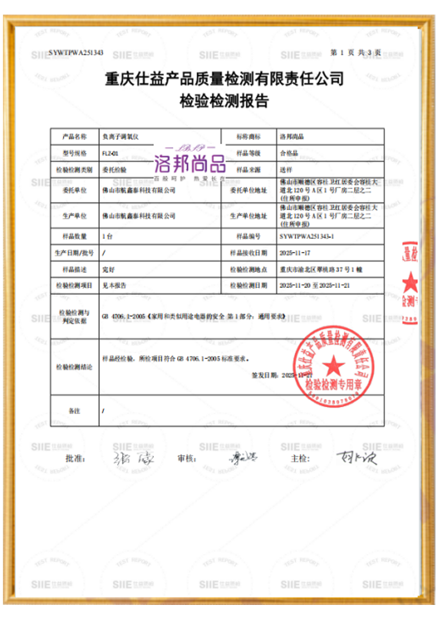 负离子调氧仪安全检测报告（报告编号：SYWTPWA251343）
